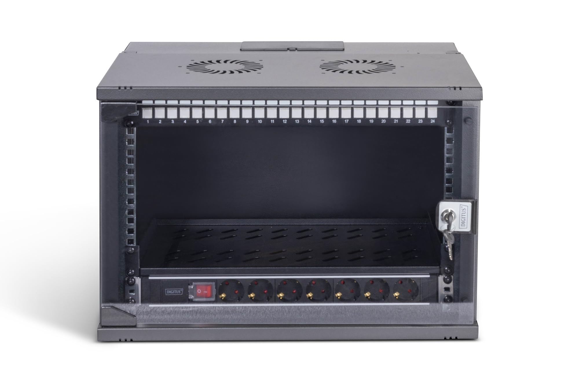 DIGITUS 19 Zoll Netzwerk-Set – 7HE – unmontiert – SOHO PRO – Schwarz | Netzwerkschrank – Steckdosenleiste – 1HE Fachboden – 24-Port Patch Panel – 24 Keystone Module – 30 Patchkabel
