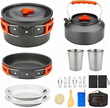 Camping Cookware Kit Outdoor Cooking Set, 17Pcs Lightweight Pots, Pan, Kettle with Stainless Steel Cups, Plates, Forks for Camping, Backpacking, Hiking, Outdoor Cooking & Picnic