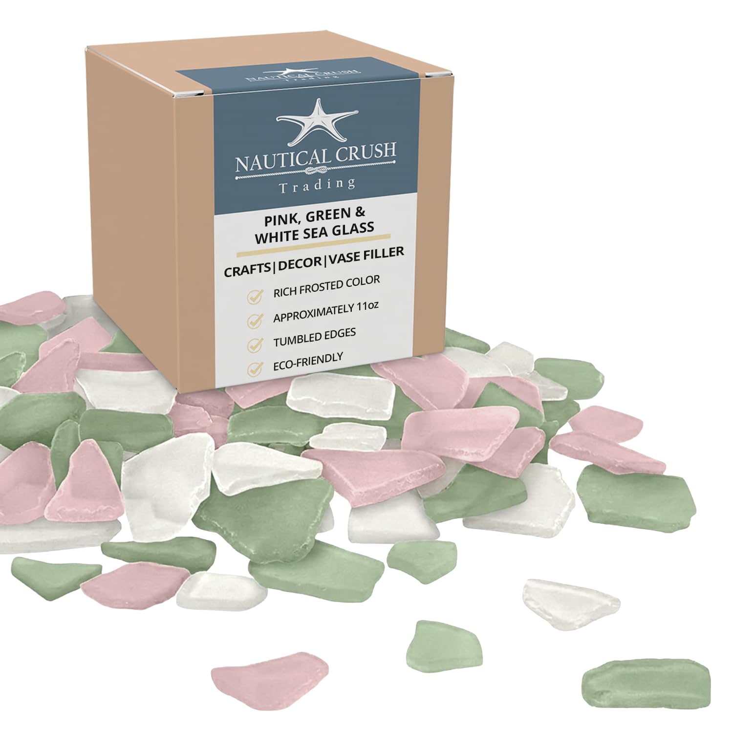 Sea Glass | 11oz Pink Green and White Sea Glass | Tumbled Sea Glass Decor | Bulk Pink Green and White Seaglass Pieces for Beach Wedding Decor & Crafts | Plus Free Nautical eBook by Joseph Rains