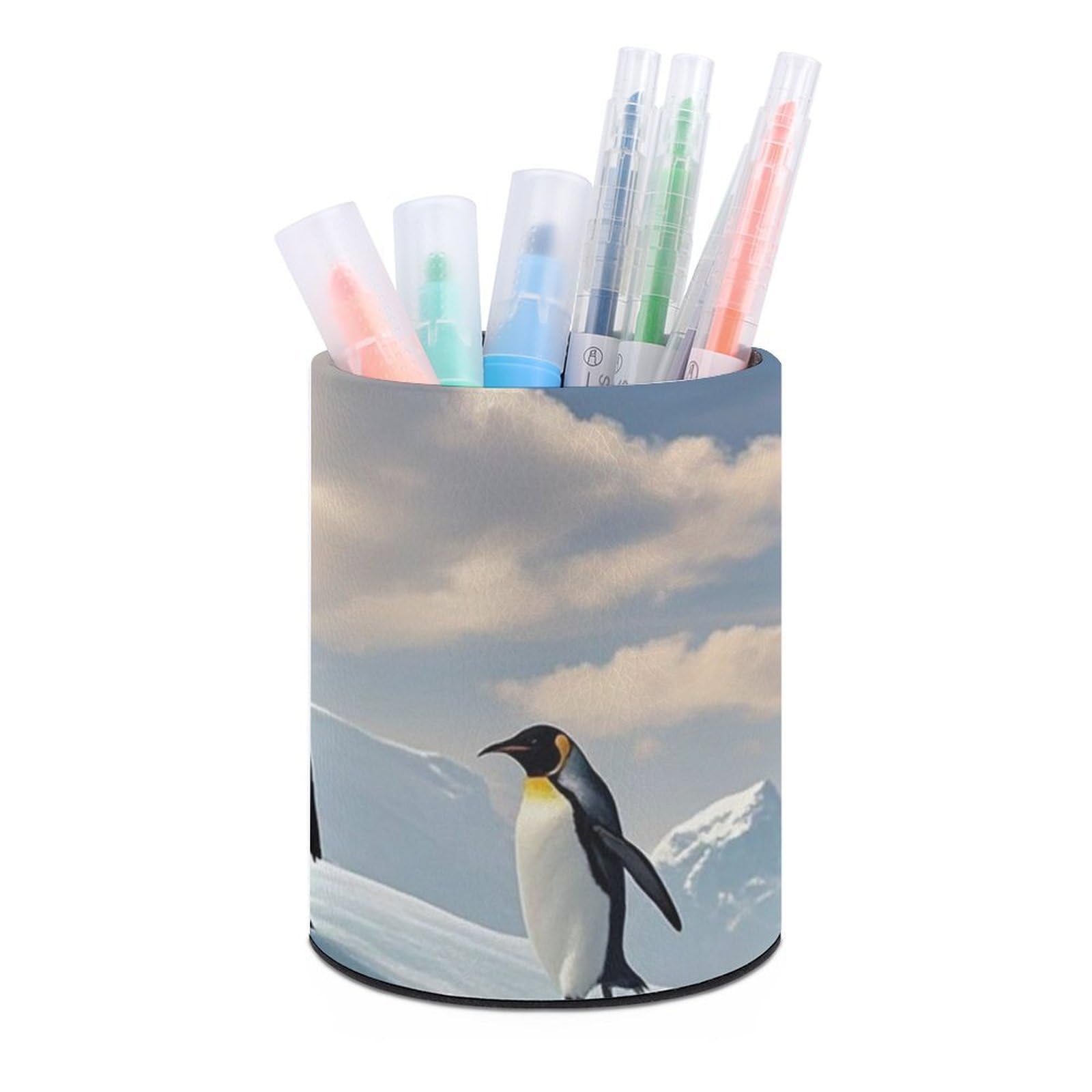 FekiLoot PU Leather Round Pen Holder Penguins On The Iceberg Pencil Holder Desk Organizer Pen Organizer Pen Cup Pencil Cup Caddy Desktop Stationery Organizers for Office Home Supplies