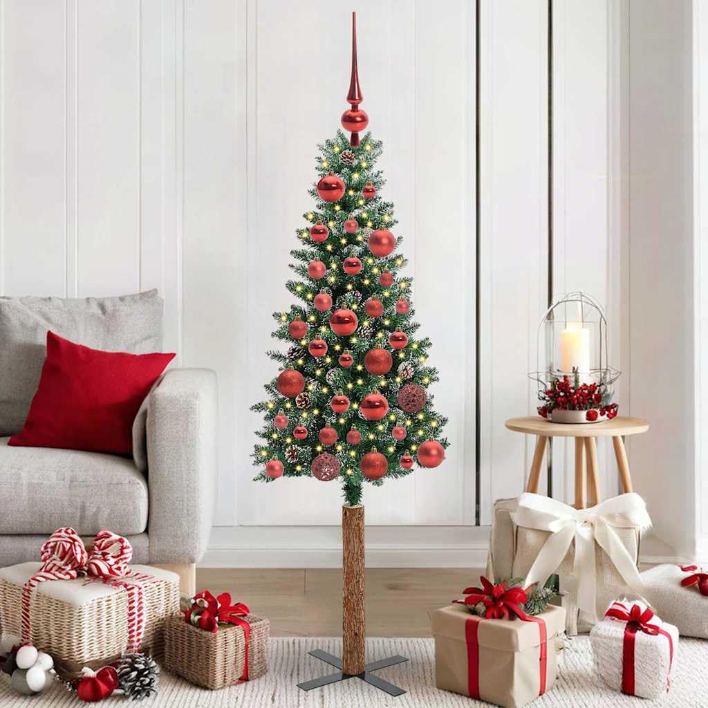 Albero di Natale Artificiale Sottile in PVC e Legno di Pino con 150 LED, Design Salvaspazio con Effetto Neve, Albero di Natale con Luci Incorporate, Christmas Tree, Verde e Bianco, 150 cm