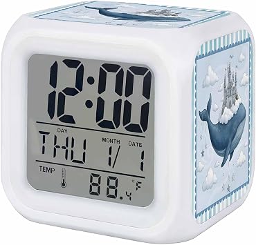 Blue Whale Castle Square Digital Alarm Clock, Clouds Sky Blue Striped LED Bedside Clock with Silent Non-Ticking Movement & Adjustable Glow Night Light, Easy to Set for Bedroom, Kids/Teens/Seniors