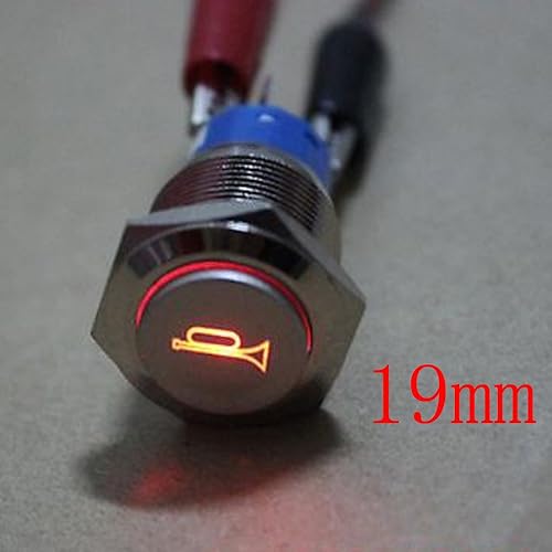 Miniatura 2 de ESUPPORT Botón de contacto momentáneo, para bocina, claxon, con luz LED roja, de 12V, para auto, vehículo, interruptor de palanca de metal, 19mm.