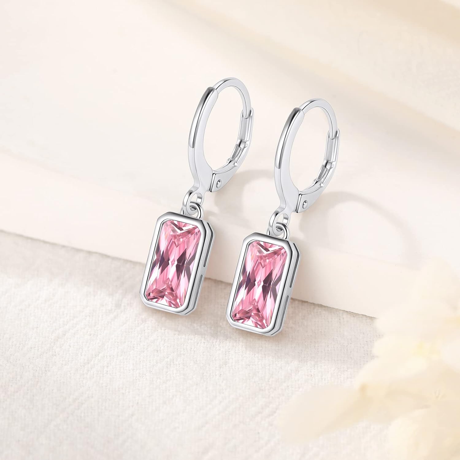 FOCALOOK Birthstone Drop Earrings for Women, 925 Sterling Silver Square Cubic Zirconia 10mm Small Huggie Hoop Earrings