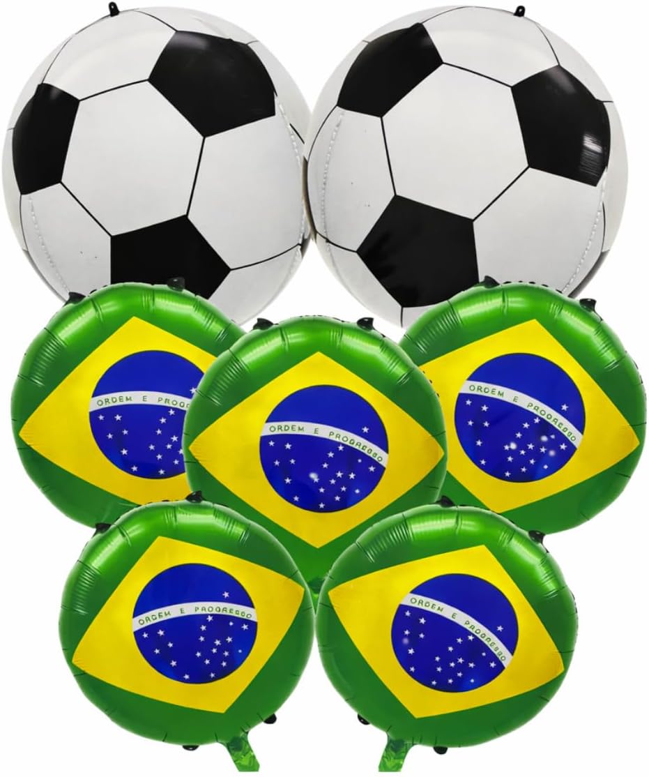 Kit Balões Brasil Futebol 7 Peças 18″ 22″ Copa do Mundo Decoração Festa Brasil Bandeira Bola Orbz 4D Aniversário Tema Futebol