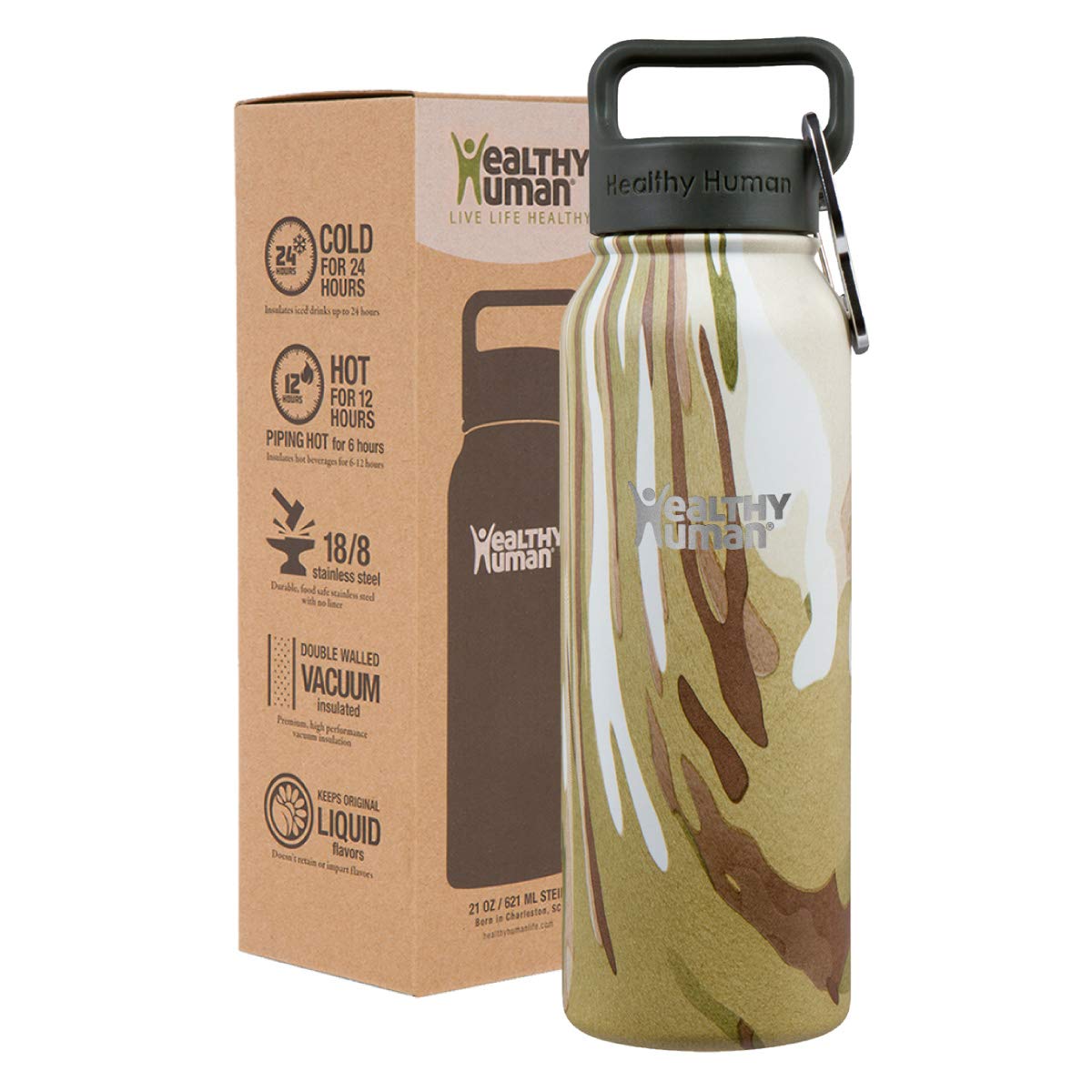 Healthy Human Water Bottle, BPA Free Sports Travel Stainless Steel Insulated Water Bottles (21 oz, Camo)
