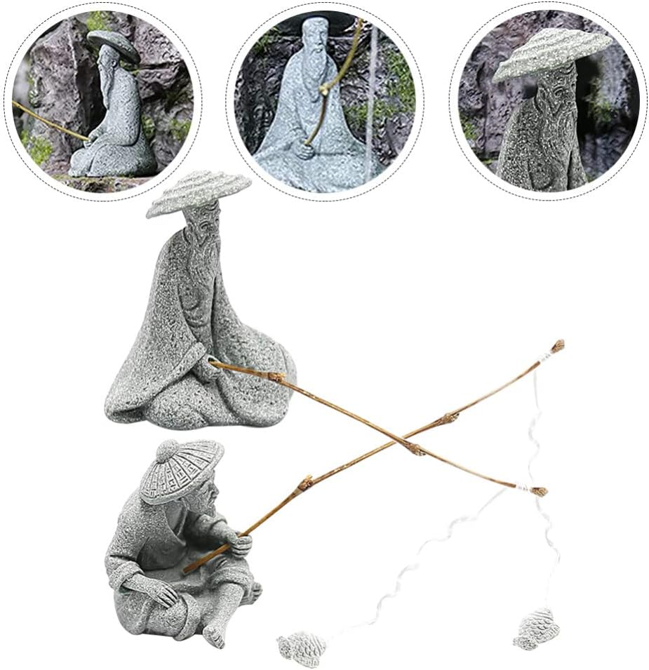 Happyyami Fisherman Figurines Set 2 Pcs Sandstone Mini Fisherman Ornaments for Aquarium Fish Tank Garden Bonsai Outdoor Decor 2.55X2.36X1.57 Inches image 5