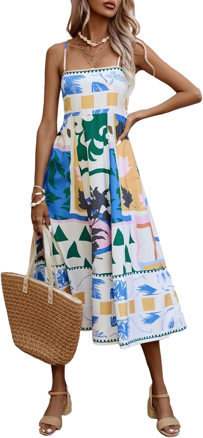 Women Summer Dress Print Spaghetti Strap Backless Midi Dress Casual Fashion Sleeveless Cami Dress