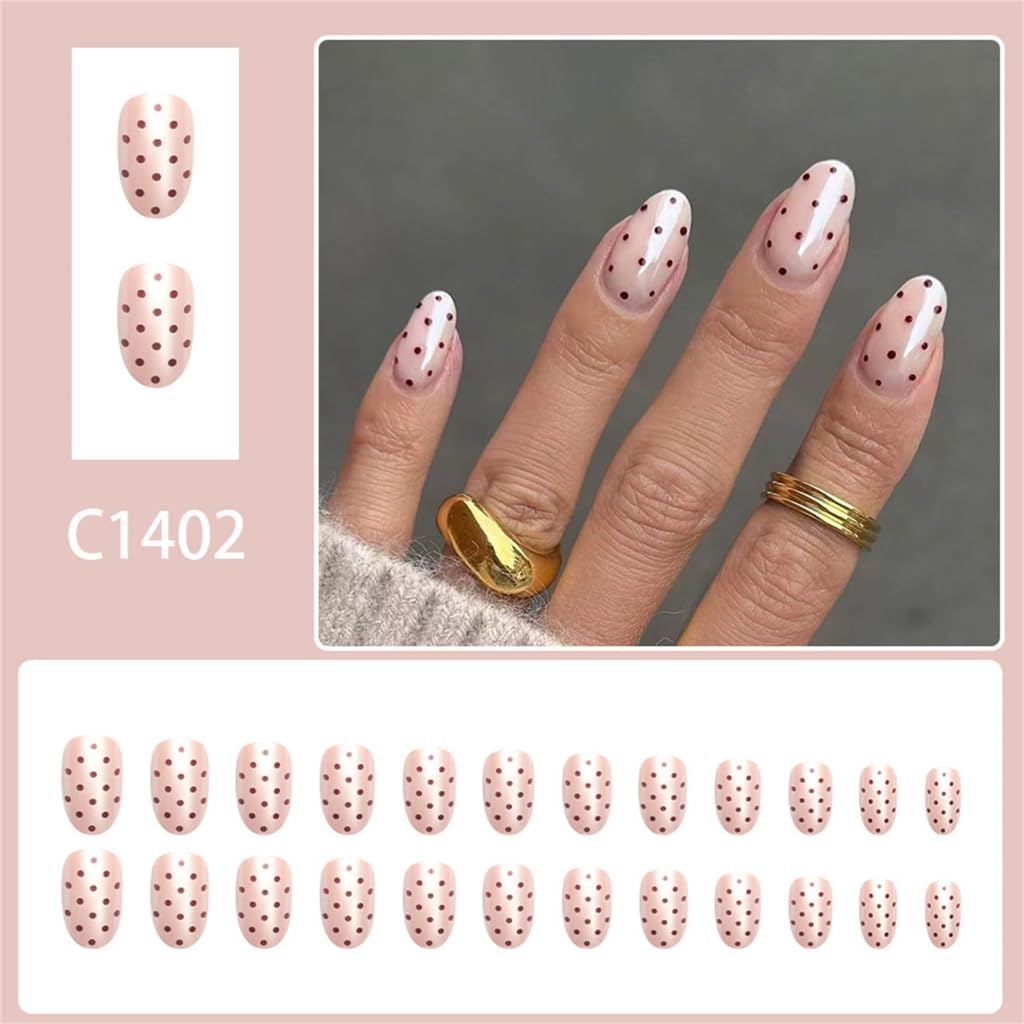 24 Pieces Glossy Oval Press ons Short Matte Coffee Dots False Nails for Women and Girls Christmas Holiday Nails