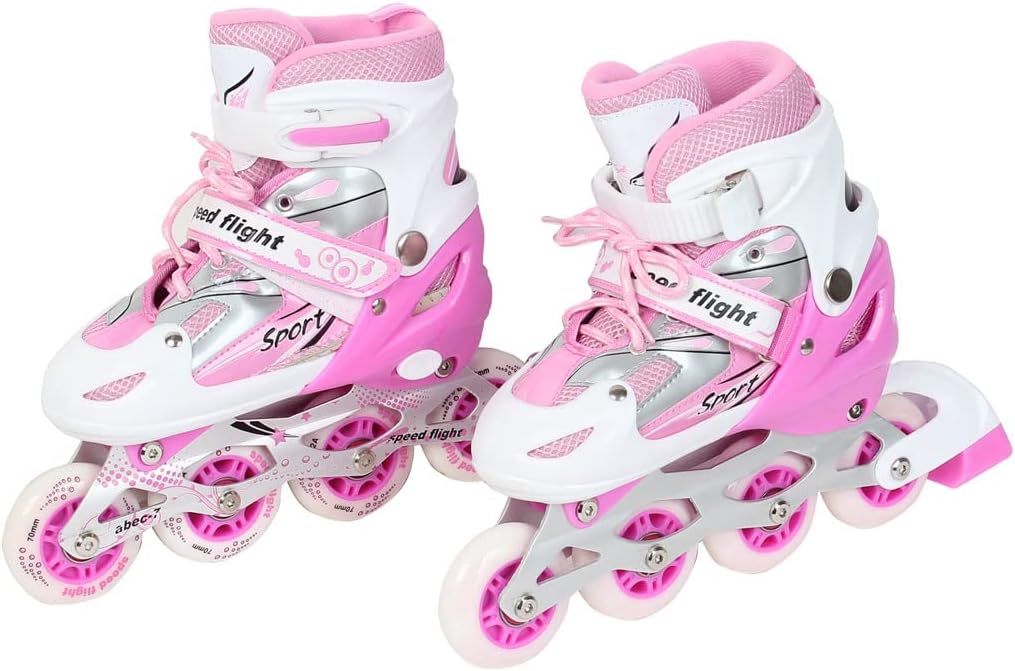 Pink White Inline Skates Red Flashing Light Wheel Skating Shoes US 3 (id: e32 8c6 910 208 1f0