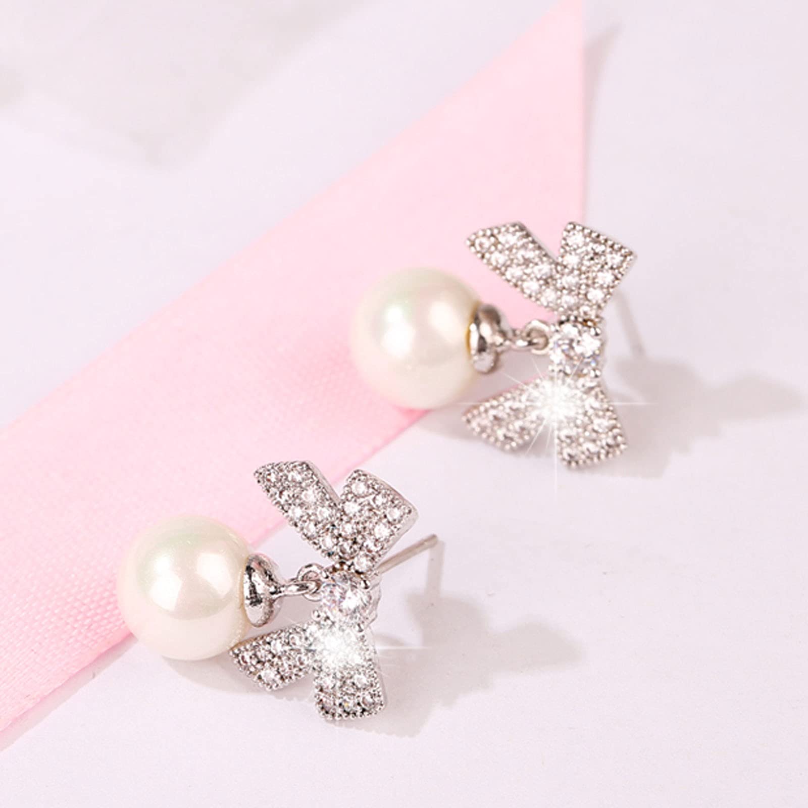 Damen-Ohrringe, Damen-Ohrringe, Schleifen-Set, Diamant-Ohrringe, Perlen-Anhänger-Ohrringe, hypoallergene Ohrstecker für Mädchen