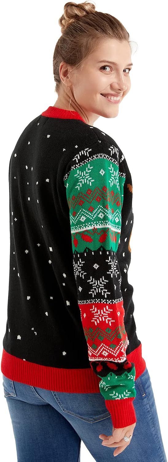 Ugly Christmas Sweater, Funny Chunky Fair Isle Jumper with Santa Reindeer Snowflake,Unisex Festive Knitted Xmas Pullover Long Sleeve Pullover for Party