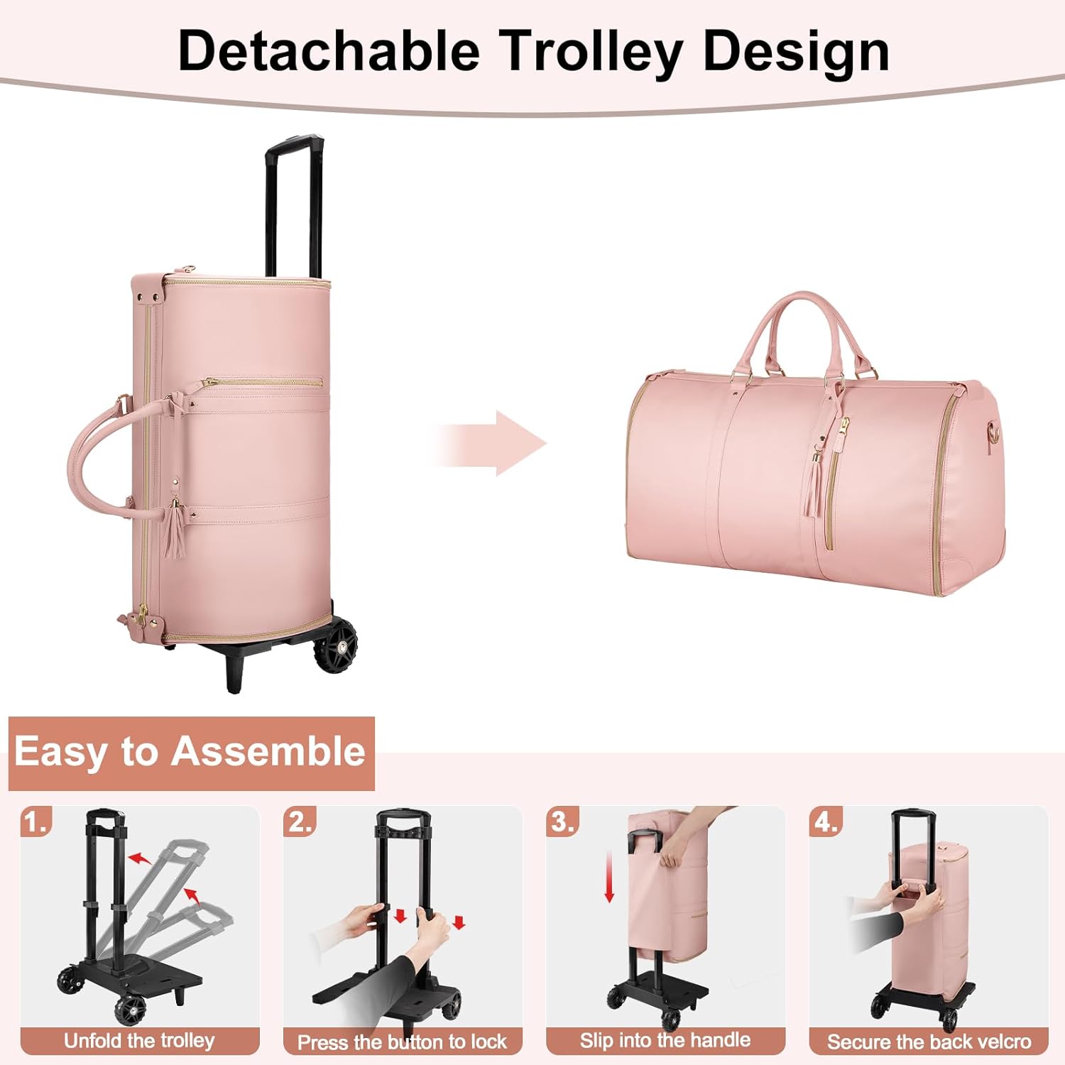 Ytonet Rolling Garment Bags for Travel, Convertible Carry On PU Leather Travel Bag 2.0 Roller Edition, 3 in 1 Suit Garment Duffle Bag with Wheels and Shoe Pouch for Business Wedding Overnight, Pink - Image 2
