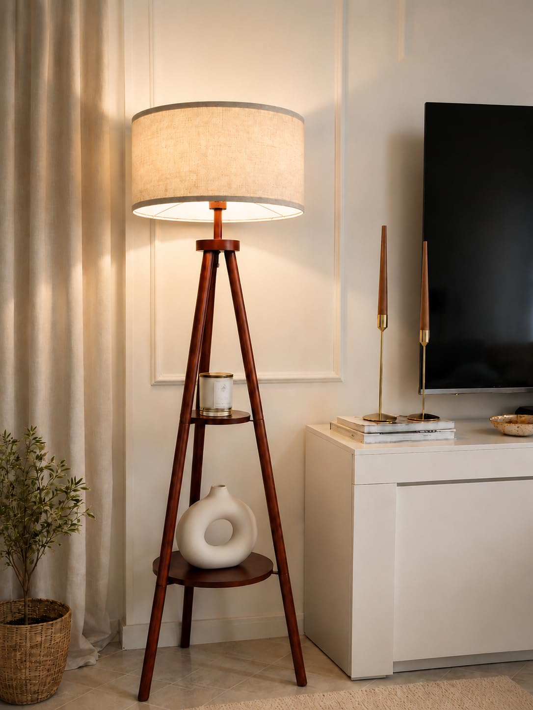 Lampa podłogowa statyw z abażurem lnianym, podwójne półki do salonu, bez żarówki