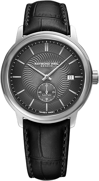 RAYMOND WEIL Maestro Mens Automatic Watch, Grey Dial, Indexes, Small Seconds, Stainless Steel Case, Genuine Black Leather Strap, 39.5mm Model 2238-STC-60001