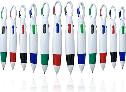 NSBELL 12 bolígrafos de plástico con mosquetón, 4 en 1, retráctiles, bolígrafos multicolor con hebilla y llavero en la parte superior para