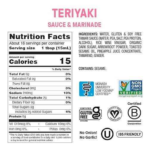 Fody Foods No Soy Teriyaki Sauce & Marinade, 8.5 Oz, Garlic and Onion Free, Low FODMAP Certified, Gut & IBS Friendly, Vegan, Non-GMO, Gluten Free, Keto Friendly