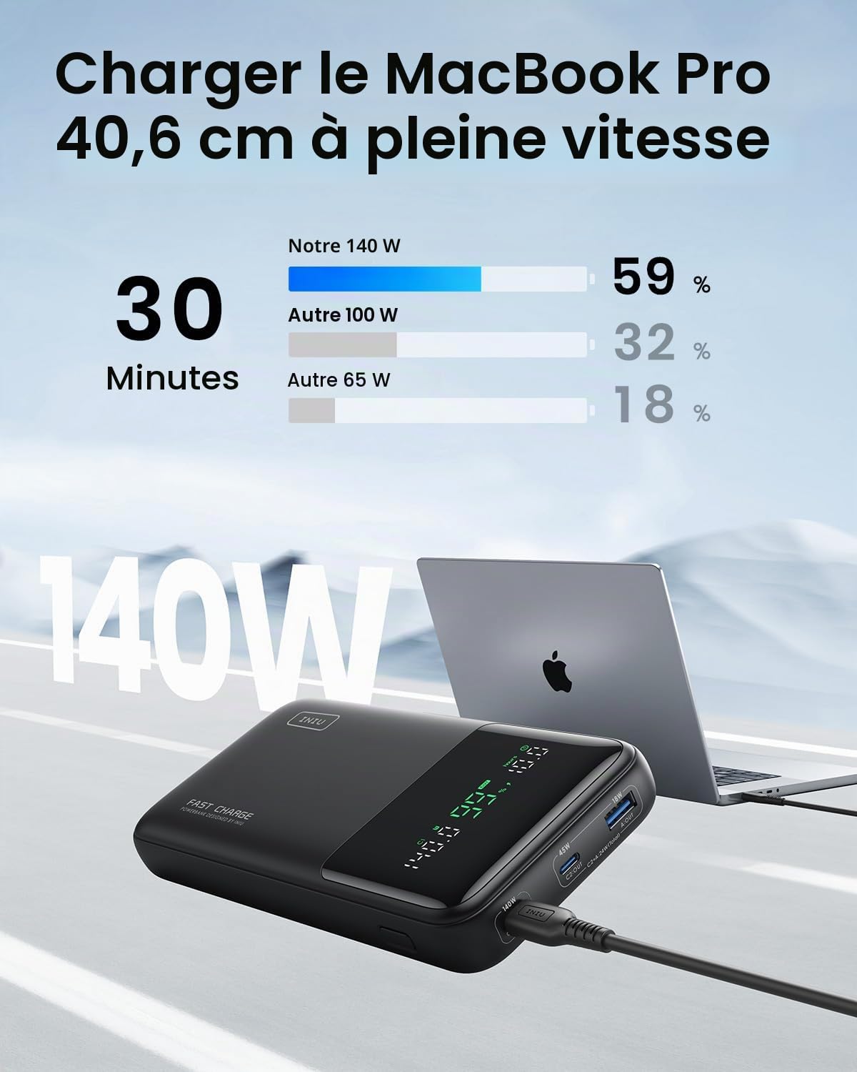 INIU Batterie Externe, 140W Power Bank 27000mAh, Batterie Portable USB C Input & Out & Cable USB C, [2m+2m] 100W 5A PD QC4 Câble USB c vers USB c Charge Rapide, Chargeur Type C de Données en Nylon
