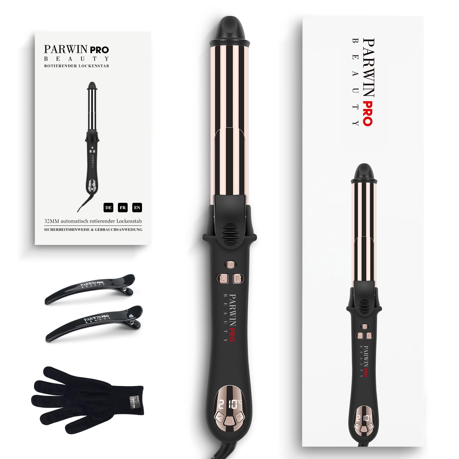 Rizador de pelo automático giratorio de 360°, PARWIN PRO BEAUTY 32MM varita rizadora de pelo, pinzas rizadoras con revestimiento de nano titanio, rizador giratorio con pantalla LCD, 120-210 ℃