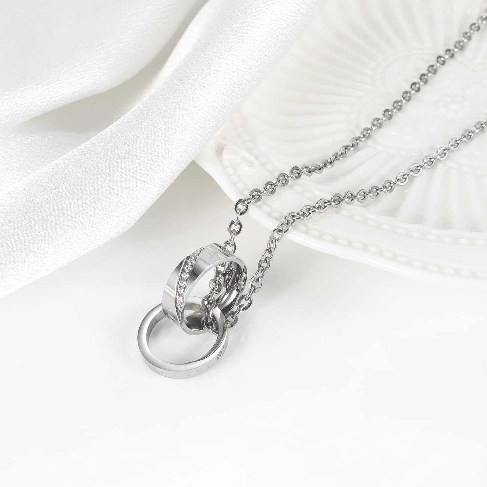 ESNY Collar Personalizado para Parejas, Collar con Colgante De Doble Anillo para Parejas a Juego con Ella, Colgante De Promesa De Amor Eterno Women