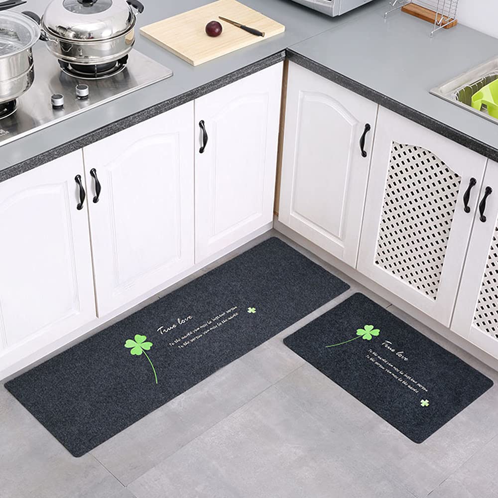 Tappeto cucina, 2 tappeti per porta, tappeto in fibra di poliestere, forte assorbimento dell'acqua, antiscivolo, per cucina, bagno (40 x 60 cm + 40 x 120 cm, quadrifoglio)