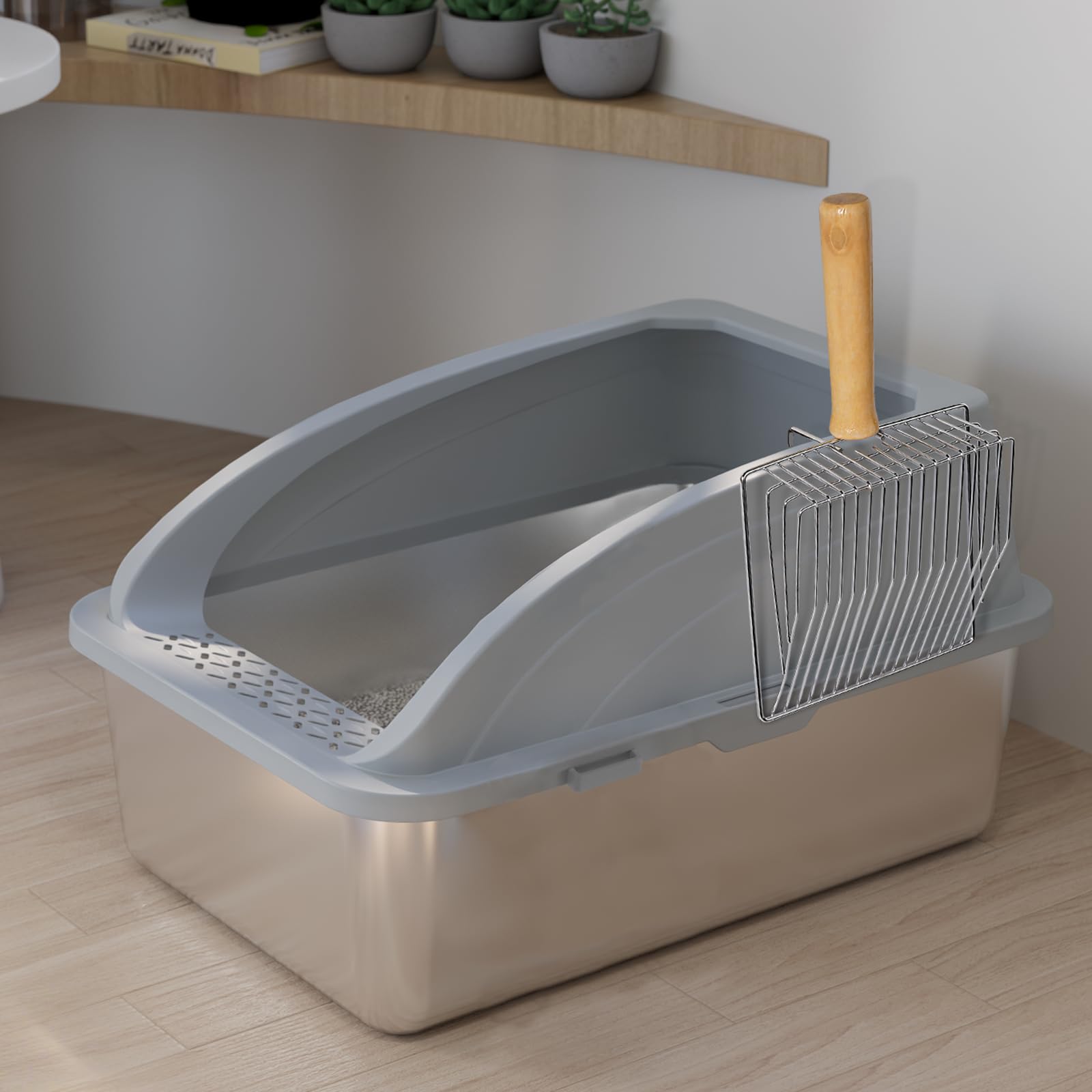 Bac à litière en acier inoxydable grand format pour chat avec pelle grise anti-adhérente
