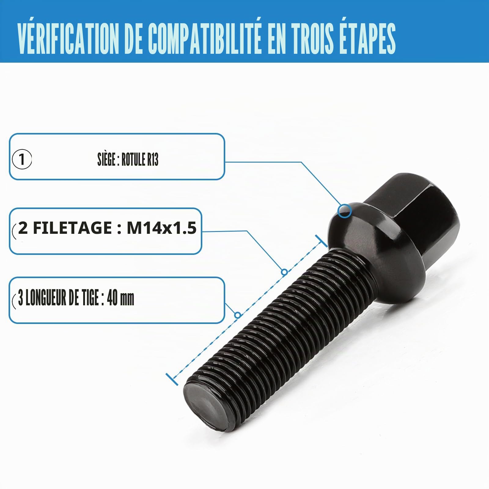 20 Boulons de Roue Filetage 40 mm Pour Élargisseurs de Voie I M14x1,5x40 mm I Siège Sphérique R13 I CLÉ 17 mm I Compatibles avec Jantes OEM pour Audi et VW