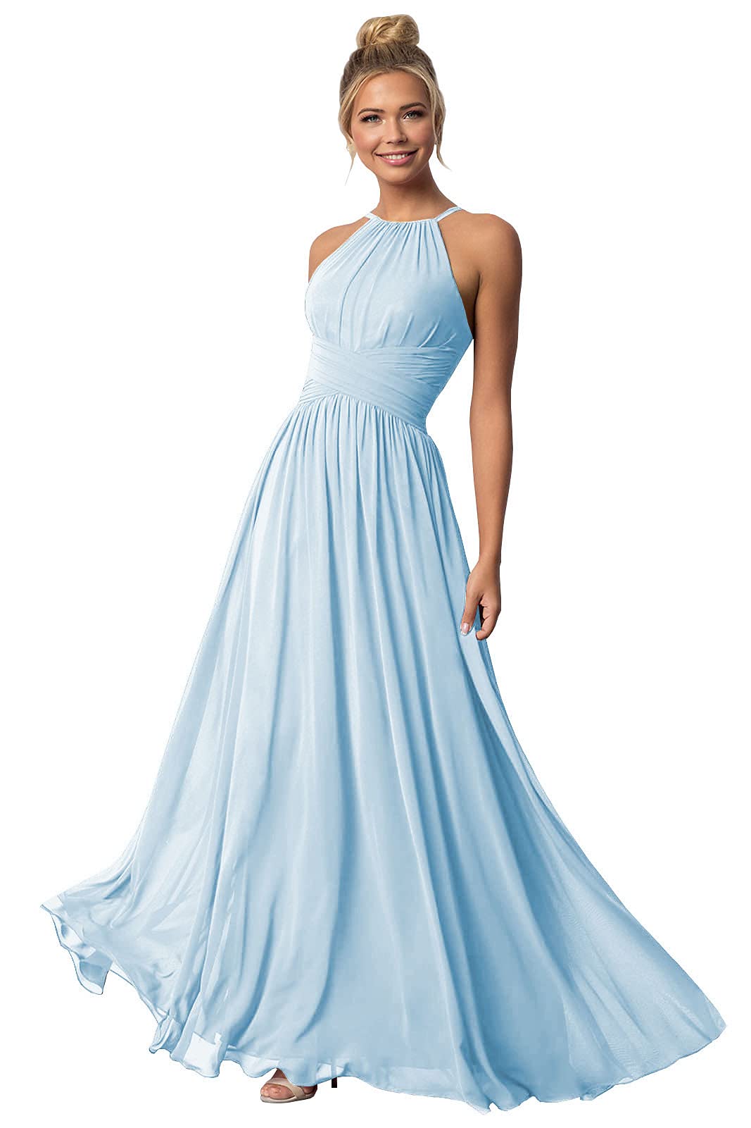 GOEBAODEEN Long Halter Bridesmaid Dresses for Wedding Guest Light Blue Chiffon A-line Floor Length Formal Evening Gown Size 12