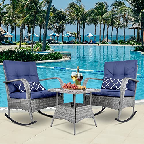 Sensweet Wicker Rocking Chairs Set Of 2, Rattan Patio Rocking Chairs, All-Weather Rocking Lawn Wicker Furniture For Porch Deck Garden Backyard(Navy Blue) #TOP4