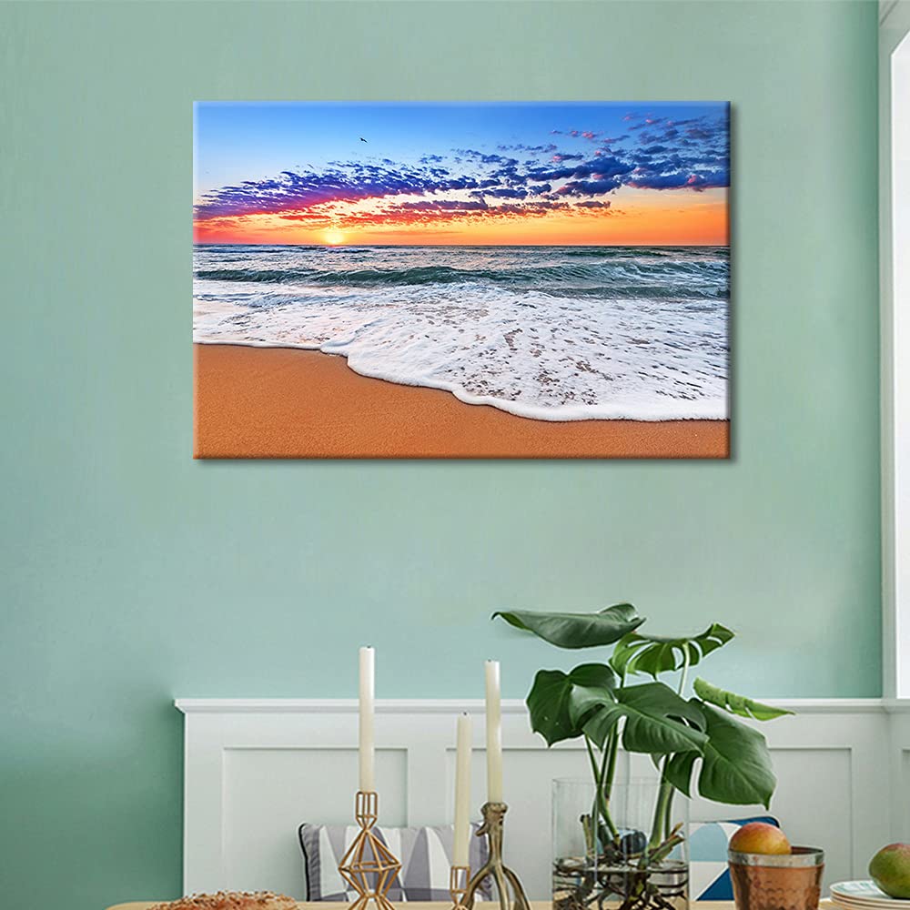 TISHIRON Wall Art Decor Dusk Sunset Poster Artworks Sandy Beach Pictures Painting On Canvas Wooden Frame Modern Seascape Home Office Decor(24X16in) - Image 3