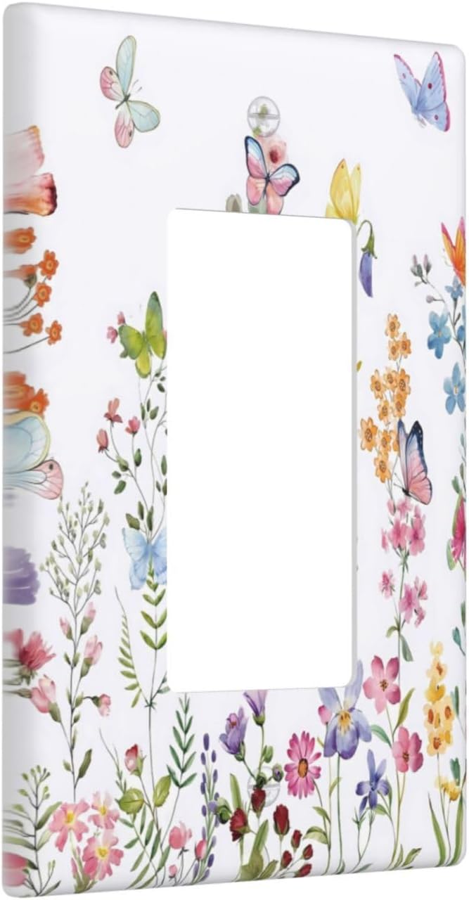 Wild Floral Butterfly 1 Gang Single Rocker Electrical Outlet Cover Decorative Flower Light Switch Plates Wall Plate Covers Faceplate Switchplate Socket for Livingroom Bedroom Kitchen