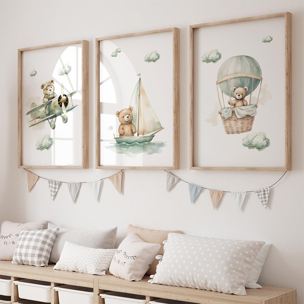 3 Laminas Oso 30X40CM Cuadros Infantiles Para Habitacion Niño Aerostático Verde Poster Bebe Lienzo Animales Infantiles Laminas Habitacion Bebe Animales Cuadros de Oso Poster Niños sin Marco