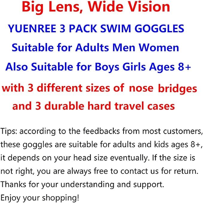 3 Pack Unisex-Adult Swim Goggles Ages 8+ with 3 Durable Cases