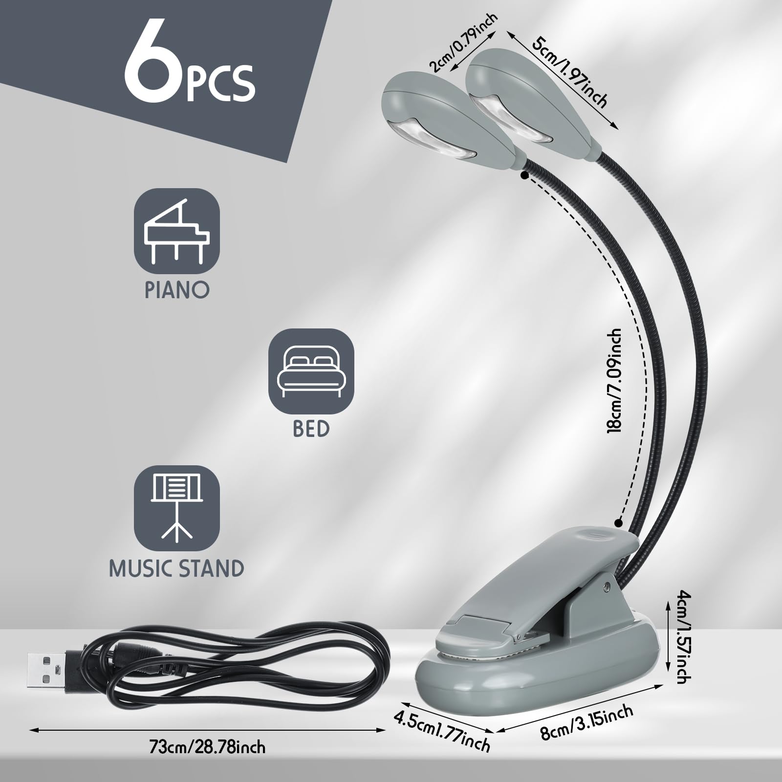 Retisee 6 luces LED de lectura con clip para soporte de música, funciona con pilas AAA, 3 niveles de brillo, ideal para músicos, pianistas, niños, batería AAA no incluida, gris plateado