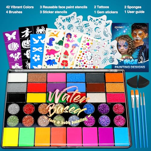 Face Painting Kit for Kids, 42 Colors Professional Face Paint Kit, Body Paint Set with Stencils, Brush, Gems, for Carnival, Halloween, Costume Makeup, Children's Day, Parent-Child Companionship Gifts - Image 4