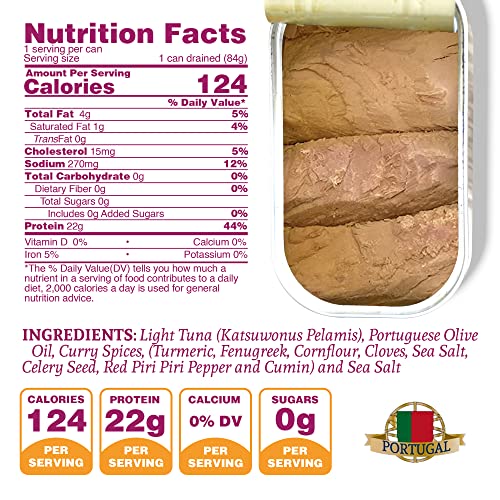 Image of Santo Amaro - Artisanal Wild Tuna Fillets in Olive Oil & Turmeric Curry, Pole & Line Caught from Portugal, Hand-Packed Goa-Style Natural Canned Tuna, 22g Protein, Keto, 124 Cal, Low Mercury, Pack of 6