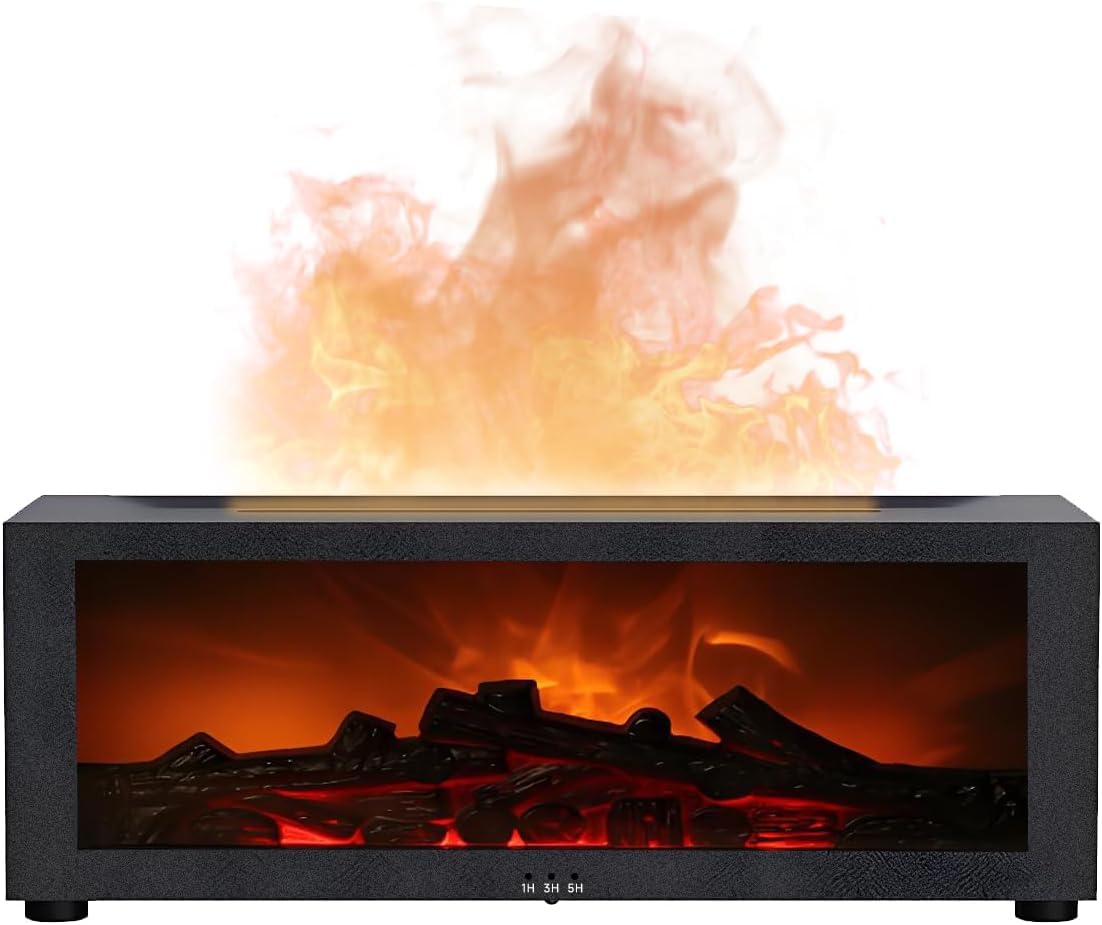 QUMOX Difusor de Aroma con Chimenea de Llama – Humidificador Ultrasónico 150ml con Luces LED de 7 Colores, Difusor de Aceites Esenciales, Mando a Distancia, Apagado Programado, Protección sin Agua par