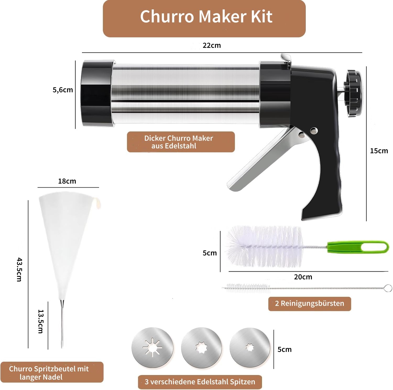 Churrera mit 3 Düsen in verschiedenen Formen, Churrens für Churros, Spritzbeutel mit Düsen für Verschiedene Dekorationen, Churros Maschine Ø 5,6 x 21 cm