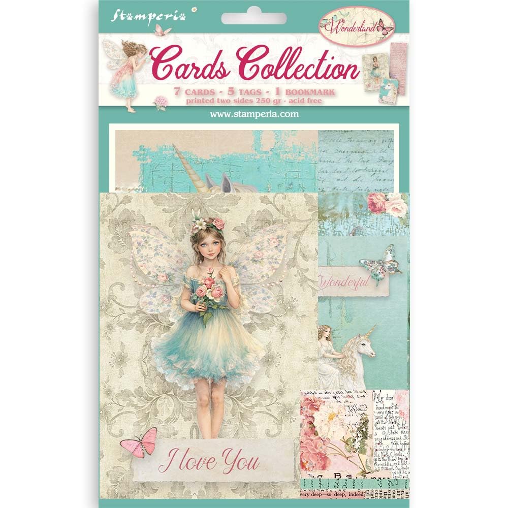 Stamperia - Cards Selection, Acid-Free, Printed on 2 Sides, Choice of Sizes and Designs, Perfect for Hobbies, Crafts, and Gifting (Wonderland) (7 Cards, 5 Tags, 1 Bookmark)