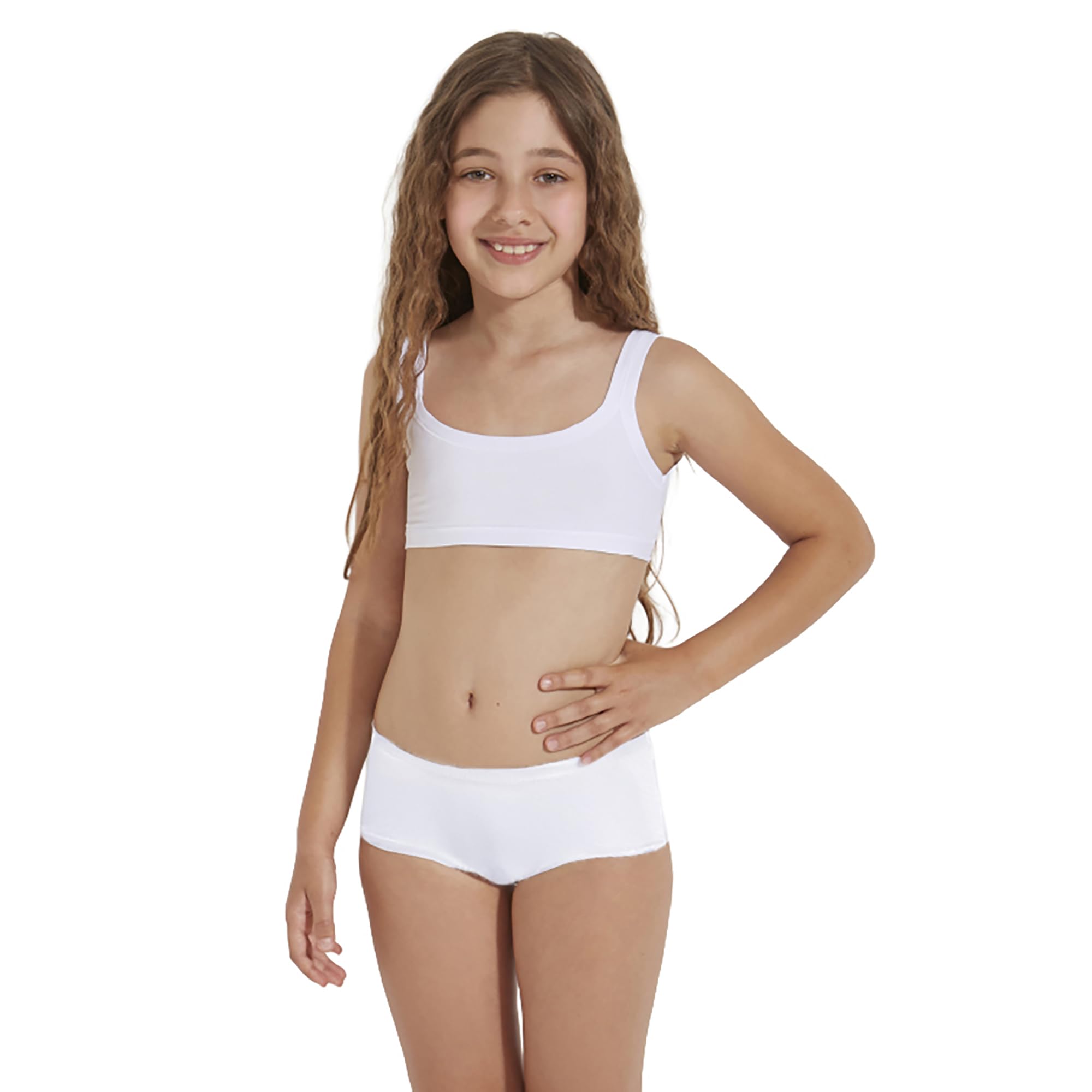 EMY Conjunto de brassiere y braguitas para niña, pantalones cortos de algodón | Ideal para danza, gimnasia, patinaje | blanco y negro | Tallas 4-12 años | Ropa interior natural y transpirable