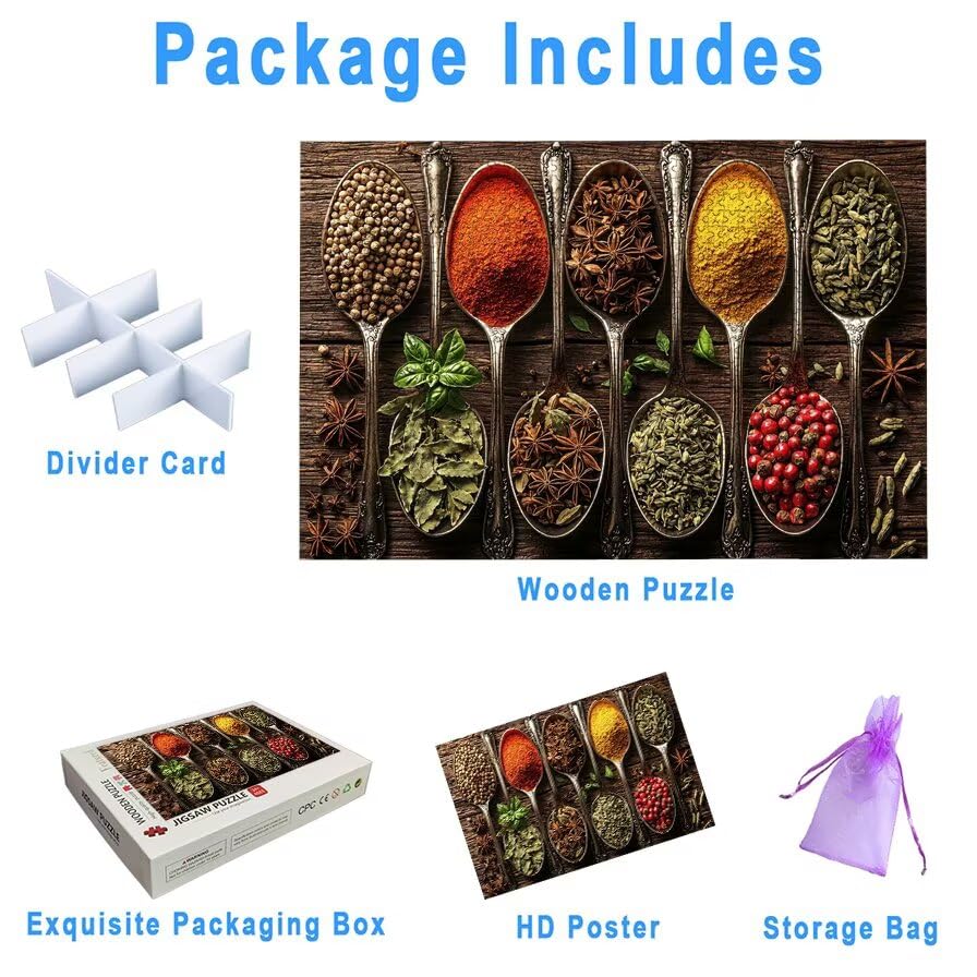 Puzzle 1500 sztuk przypraw, drewniane puzzle kuchenne dla dorosłych, rozmiar: 87 x 57 cm, puzzle 1500 sztuk dla dorosłych, rodzinne gry edukacyjne, puzzle pomysł na prezent dla kobiet, wystrój domu