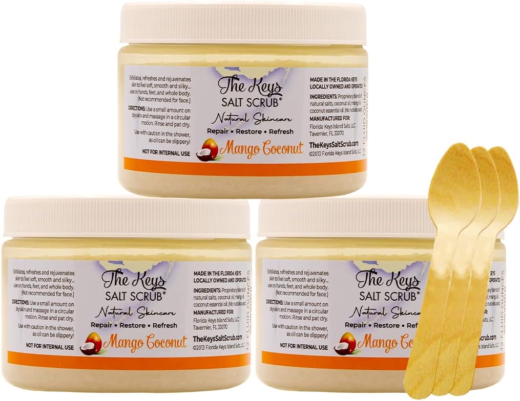 The Keys Salt ScrubFlorida Exfoliating body with Wooden Spoon - Sea Scrub - Foot - hand - Made with Pure Florida Sea Mango Coconut, Organic Essential Oils & Nutrients (3 pack 12 Oz).