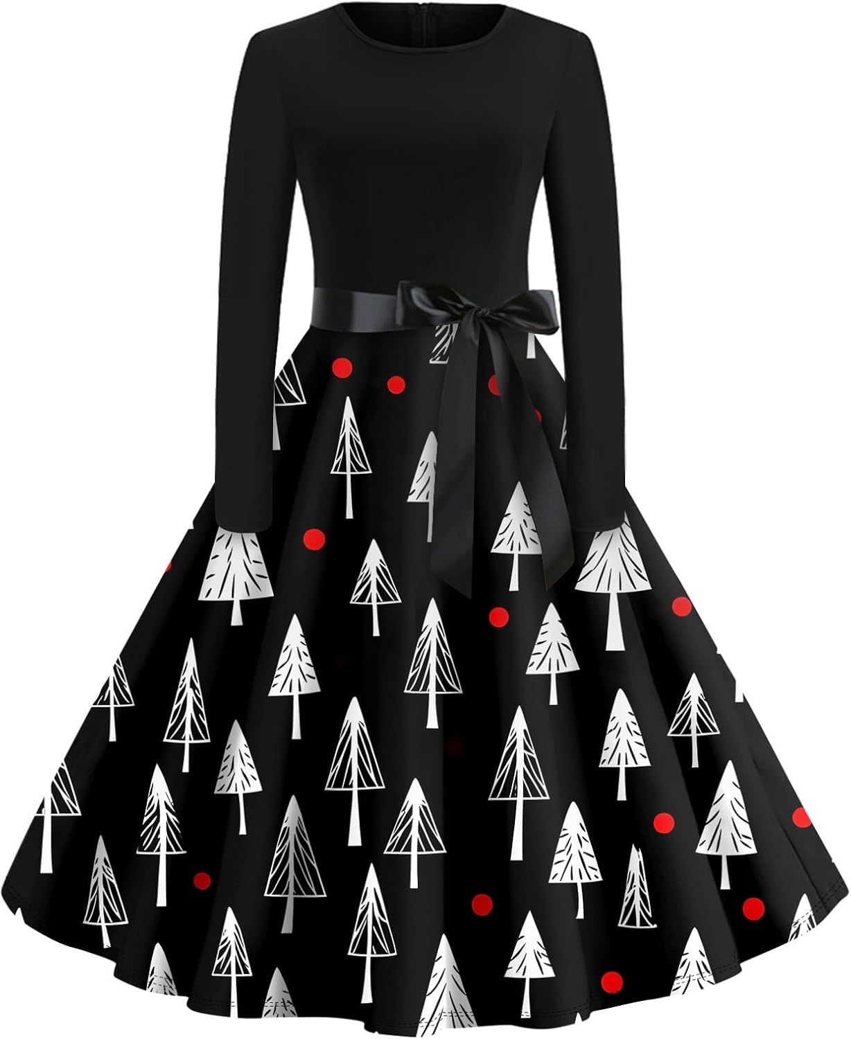 SGASY Christmas Dresses for Women 2024 Tie Waist 1950s O Neck Long Sleeve Vintage Swing Cocktail Party Dress