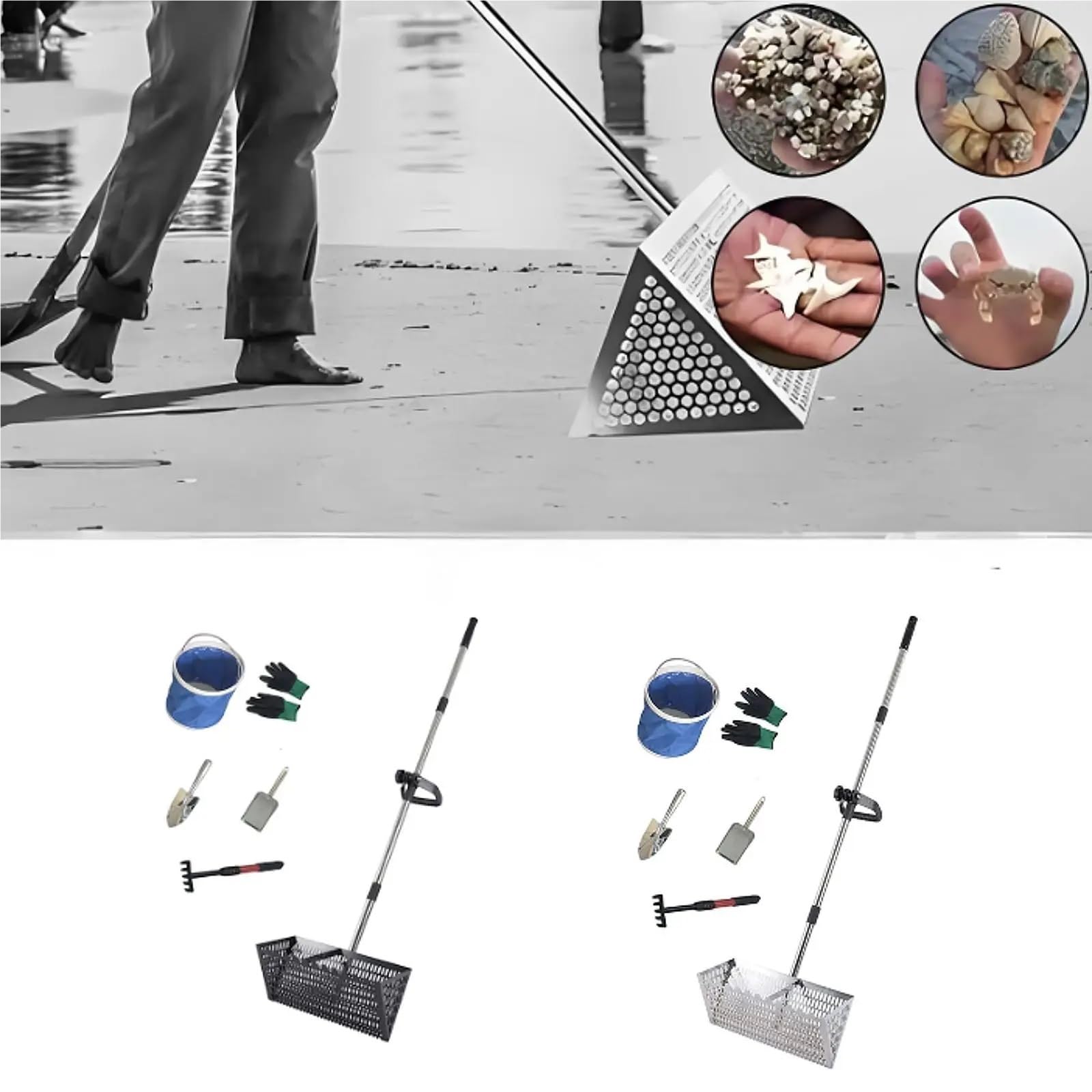 Rastrillo per pulci di sabbia Rastrello for sabbia, setaccio da spiaggia, manico telescopico, facile pulire, acciaio al carbonio, multifunzionale, comodo, grande, paletta for animali domestici(Black)