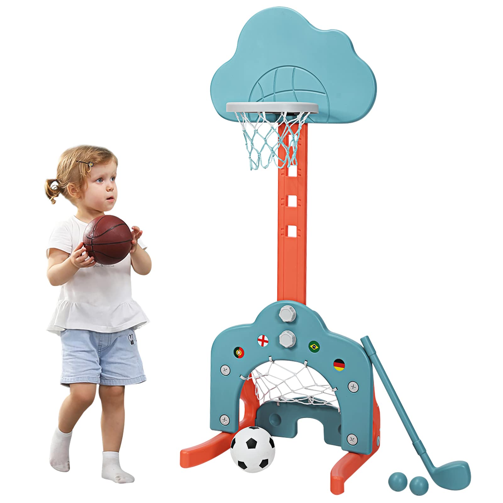 COSTWAY 3 en 1 Panier de Basketball pour Enfant 2-7 Ans avec Hauteur Réglable(77-116cm), Support de Basketball en Forme Neige avec Structure Stable, Bords Lisse, Jeu de Golf pour Garçons Filles