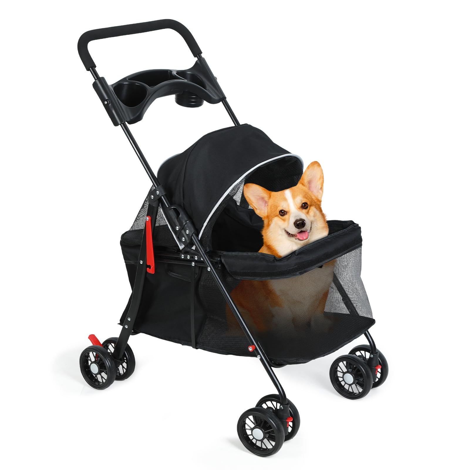 Foldable Pet Stroller, 4-Wheel Dog Stroller for Medium Small Dogs & Cats, Breathable Visible Mesh, Safety Dual Brake, Cup Holder & Storage for Outdoor Travel 1 Set