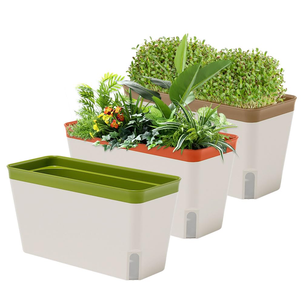 3 PCS Self Watering Plant Pots, 27CM Windowsill Herb Planter Box, Window Box Planter with Visual Water Level Window & Drainage Hole Hidden Tray for Indoor Outdoor Herbs Vegetables Succulents Plants