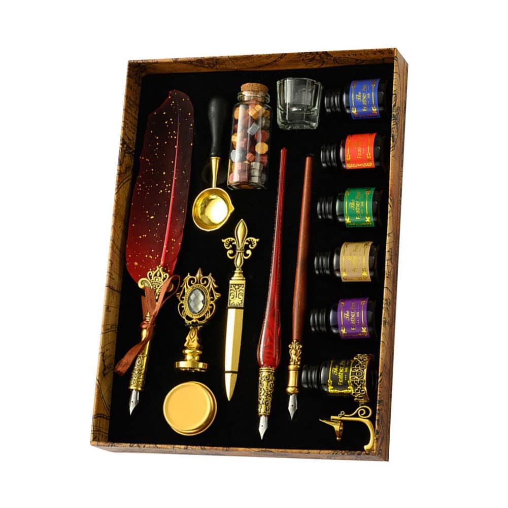JAWSEU Stylo Dip à Plume Set, Plume Ecriture Stylo Calligraphie Plume à Encre Set avec 6pcs Encre, Stylo à Encre Rétro pour Signatures,Dessin,Ecriture,Décoration Et Cadeau