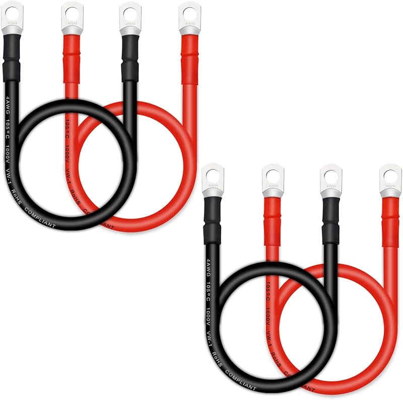 Cabo de bateria QIATOL 4 AWG com terminais de cobre 5/16" – 4 unidades de 60,96 cm