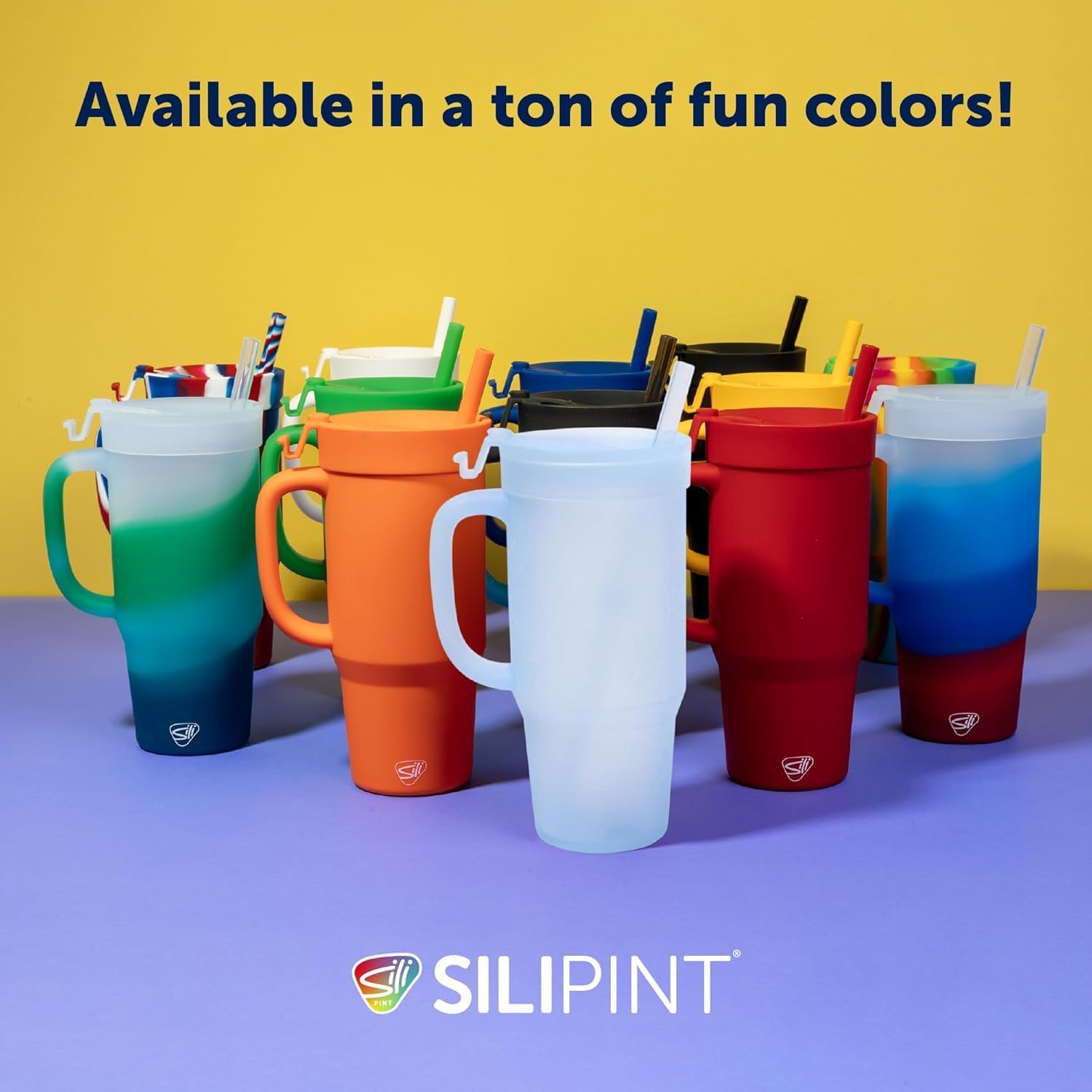 Silipint 32oz Silicone Humbler Tumbler with Handle, Flip Lid and Straw – BPA-Free, Non-Toxic, Unbreakable, Microwave, Dishwasher Safe – Perfect for Tea, Cold Water, Icicle - Pack of 2